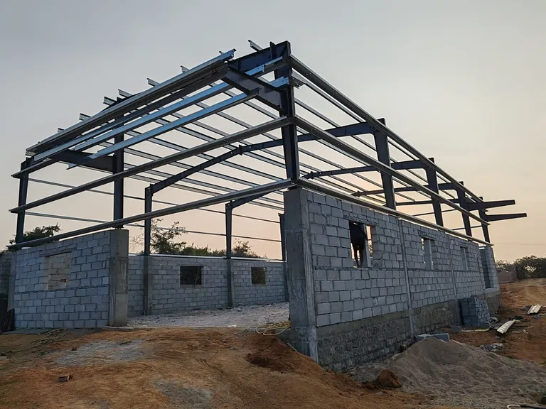 Warehouse shed steel frame construction with masonry walls by MD Fabrication