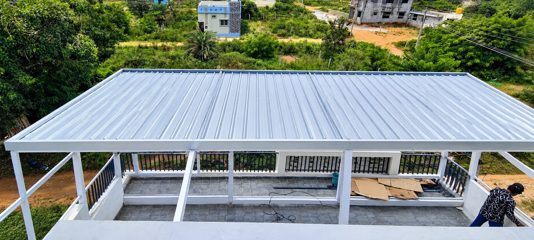 Premium terrace roofing structure fabricated by MD Fabrication in Bengaluru